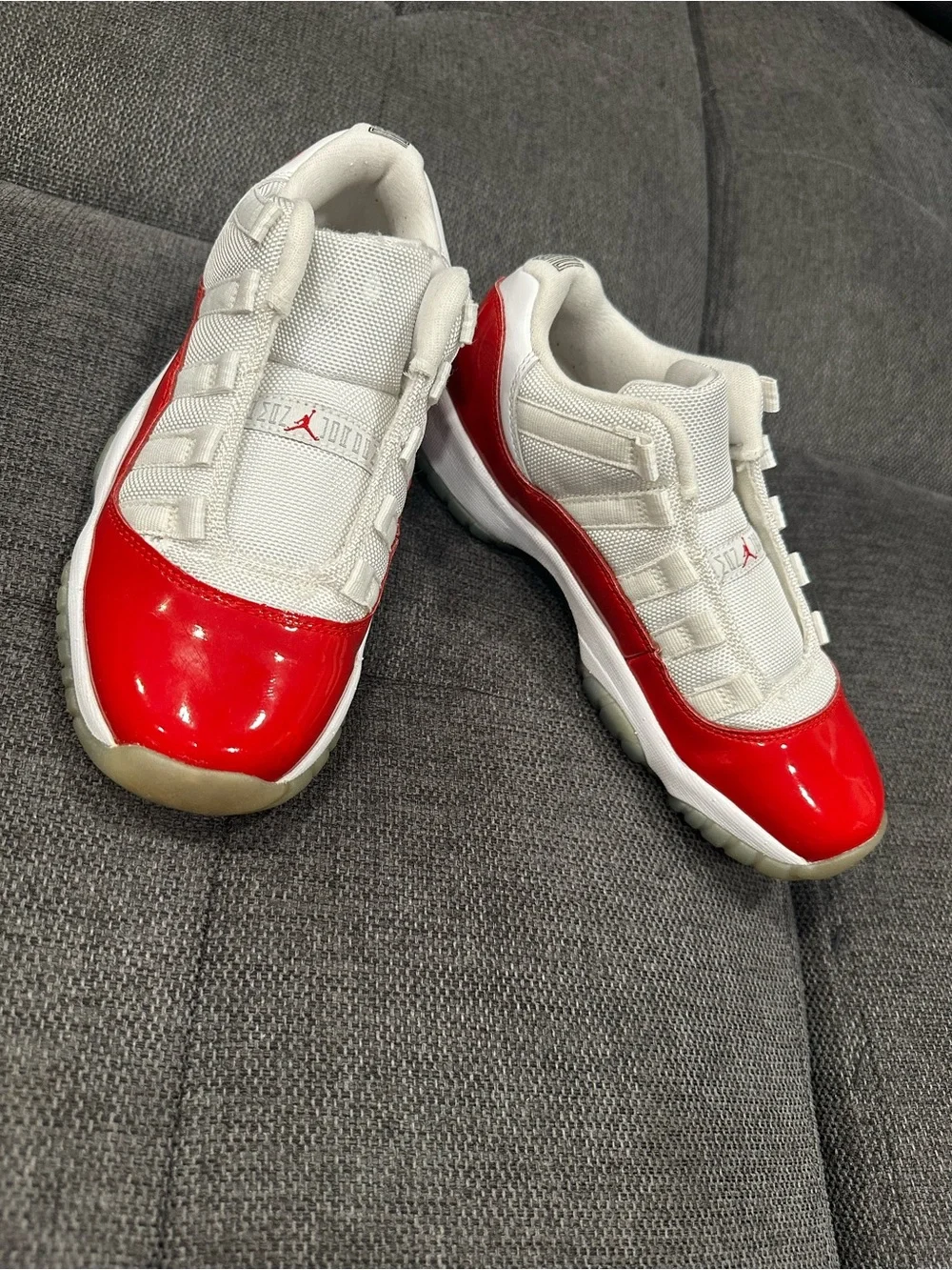 Jordan Kids' White and Red Patent Toe Low-Top Sneakers Boys Size 5